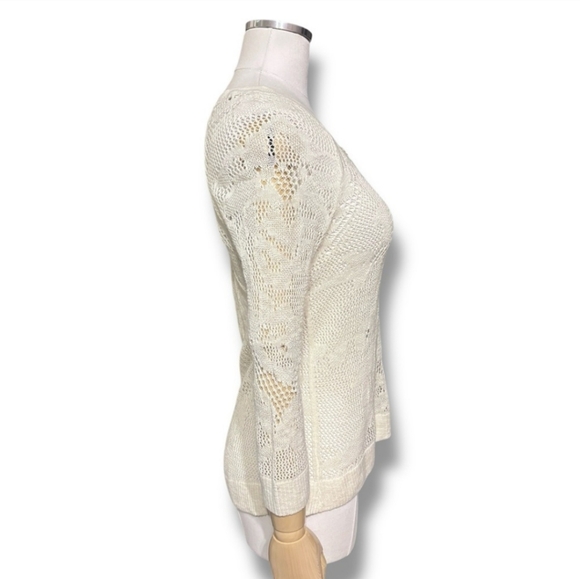 AMERICAN EAGLE OUTFITTERS Cream Scoop Neck Cotton Open Lace Knit Henley - Picture 2 of 5